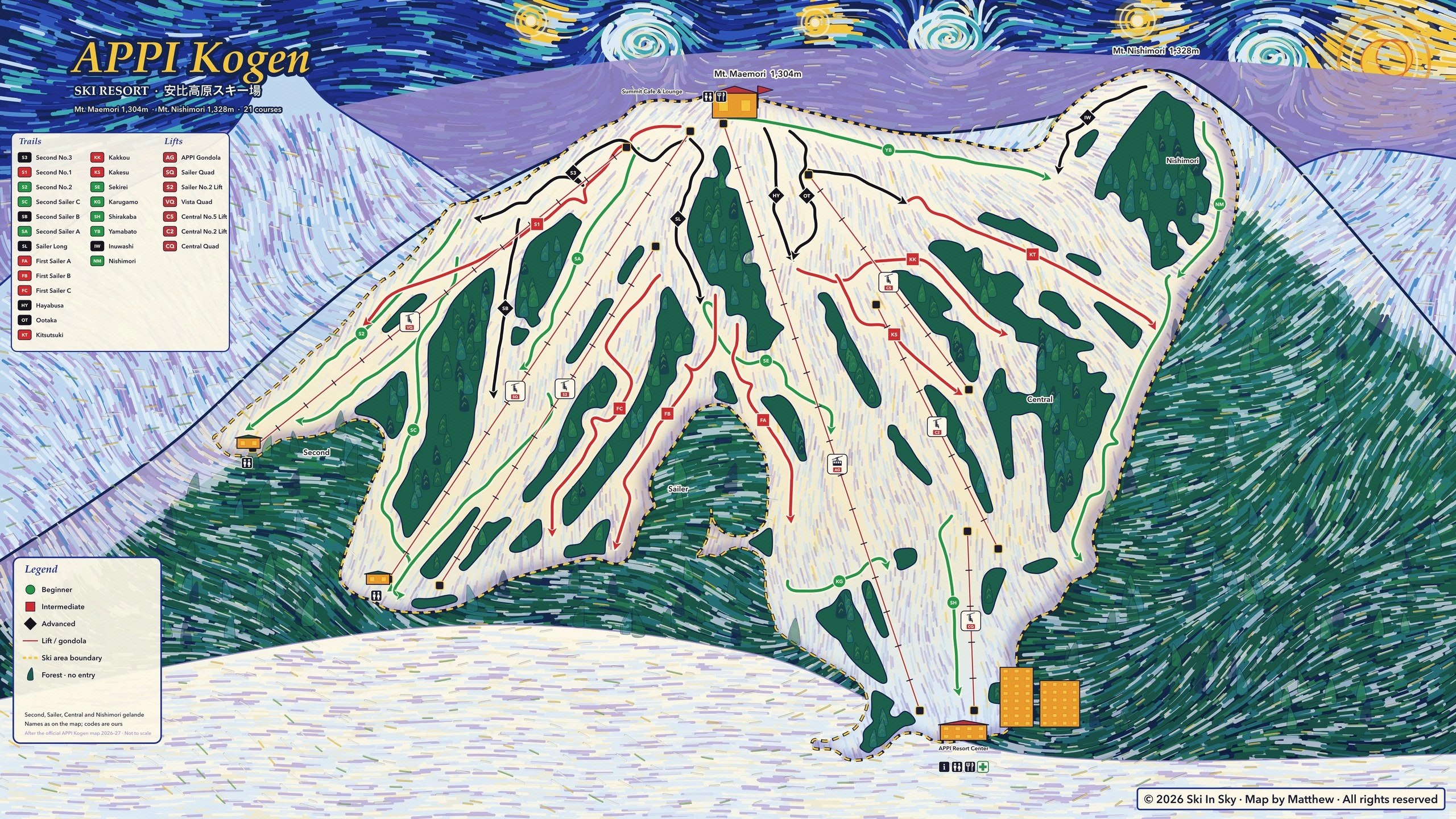 Appi trail map (Iwate, Japan), hand-painted by Ski in Sky in the style of Van Gogh’s The Starry Night