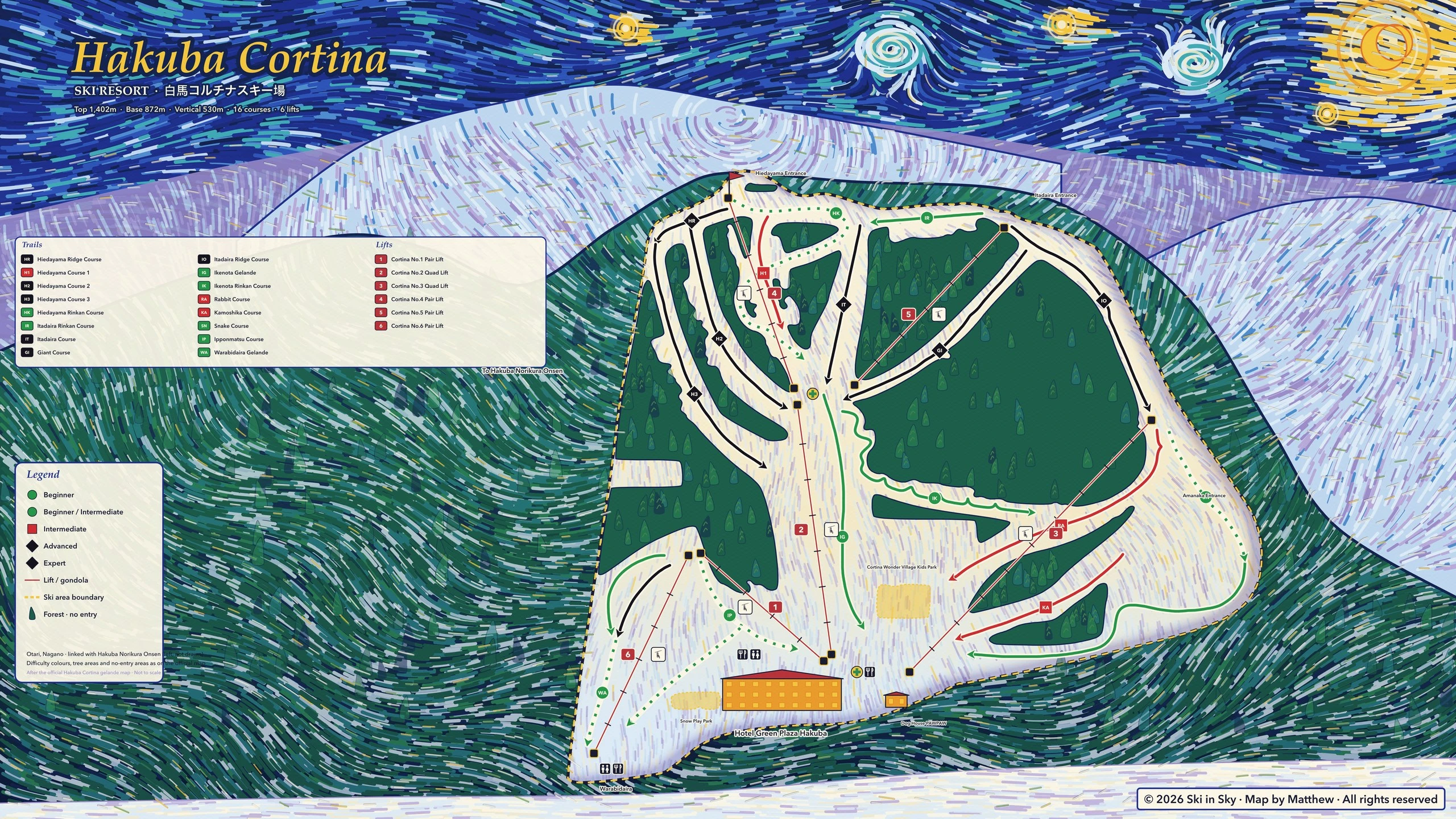 Hakuba Cortina trail map (Nagano, Japan), hand-painted by Ski in Sky in the style of Van Gogh’s The Starry Night