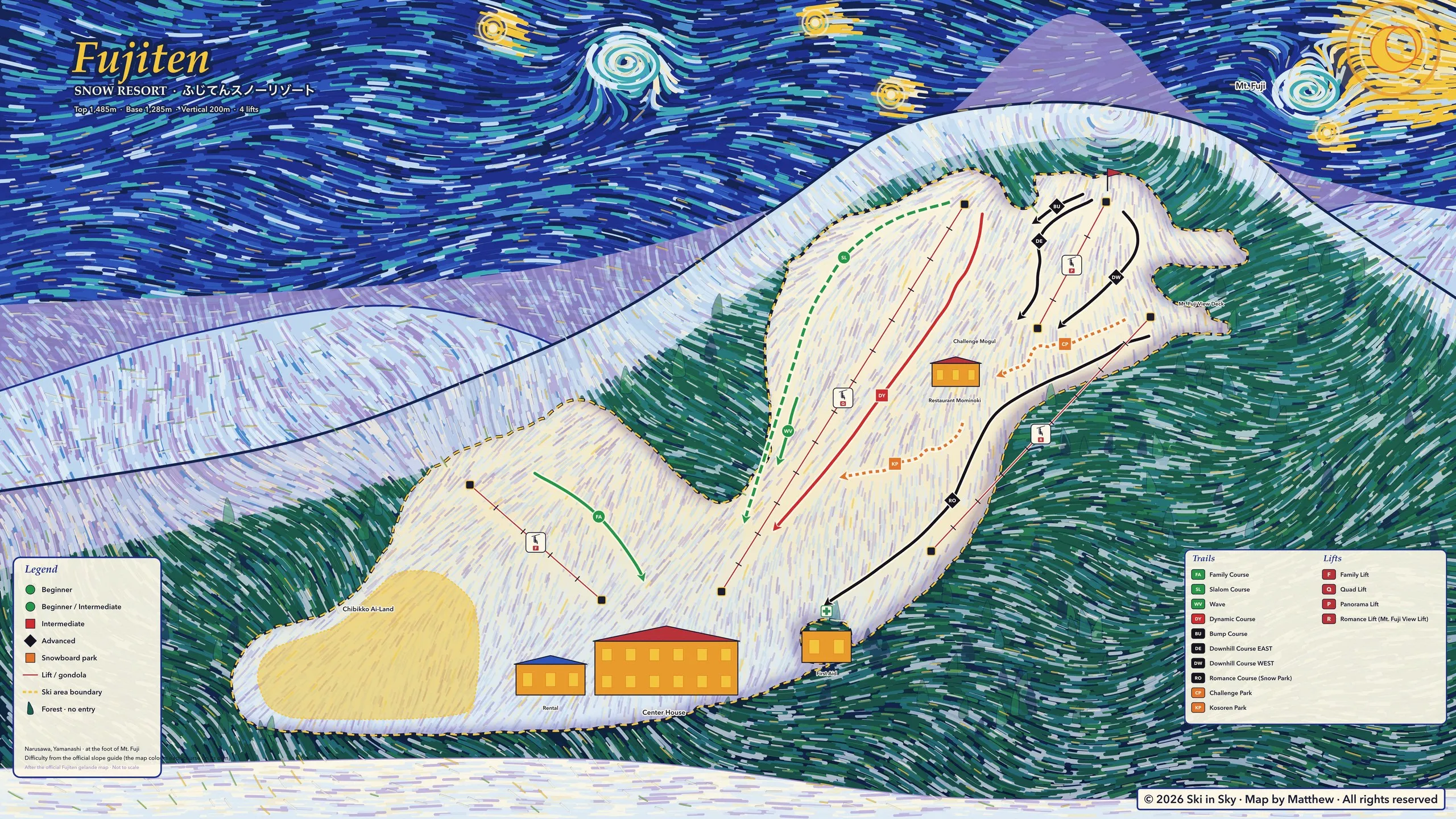 ふじてんスノーリゾートのゲレンデマップ（山梨県）。Ski in Sky がゴッホ『星月夜』風に手描き