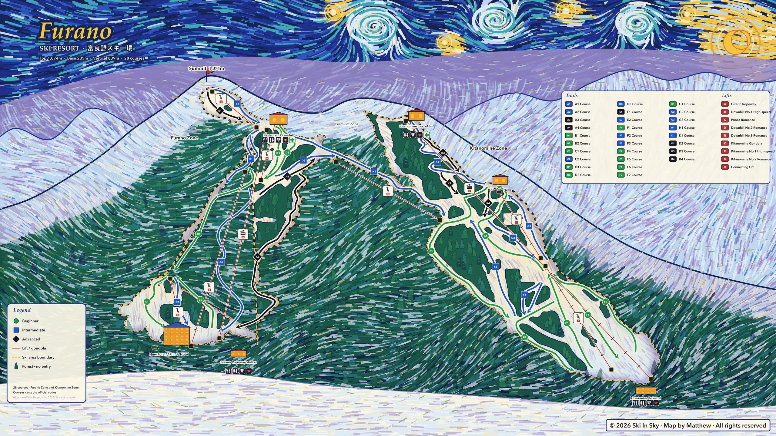 Furano trail map (Hokkaido, Japan), hand-painted by Ski in Sky in the style of Van Gogh’s The Starry Night