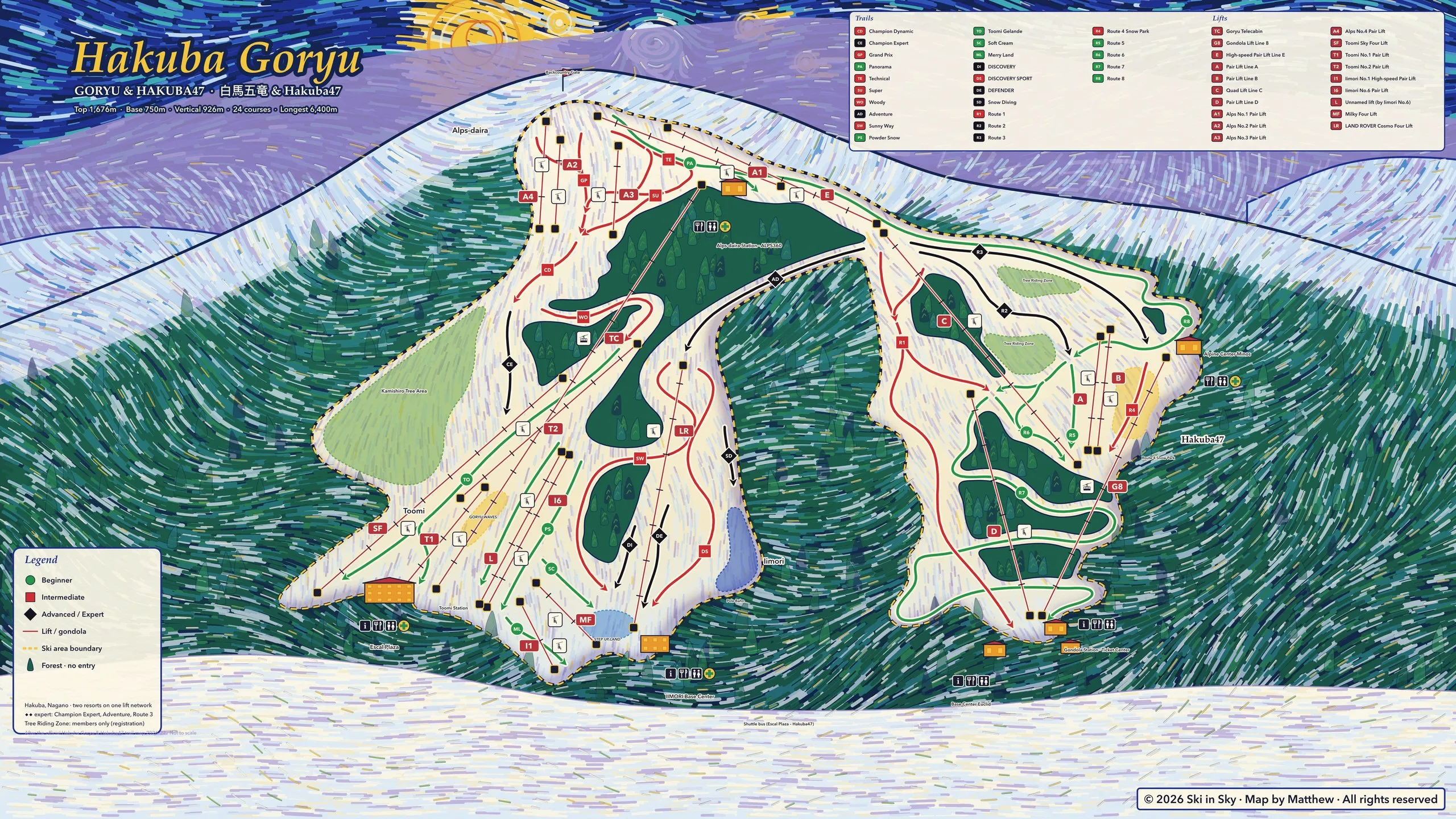 エイブル白馬五竜 & Hakuba47 マウンテンリゾートのゲレンデマップ（長野県）。Ski in Sky がゴッホ『星月夜』風に手描き