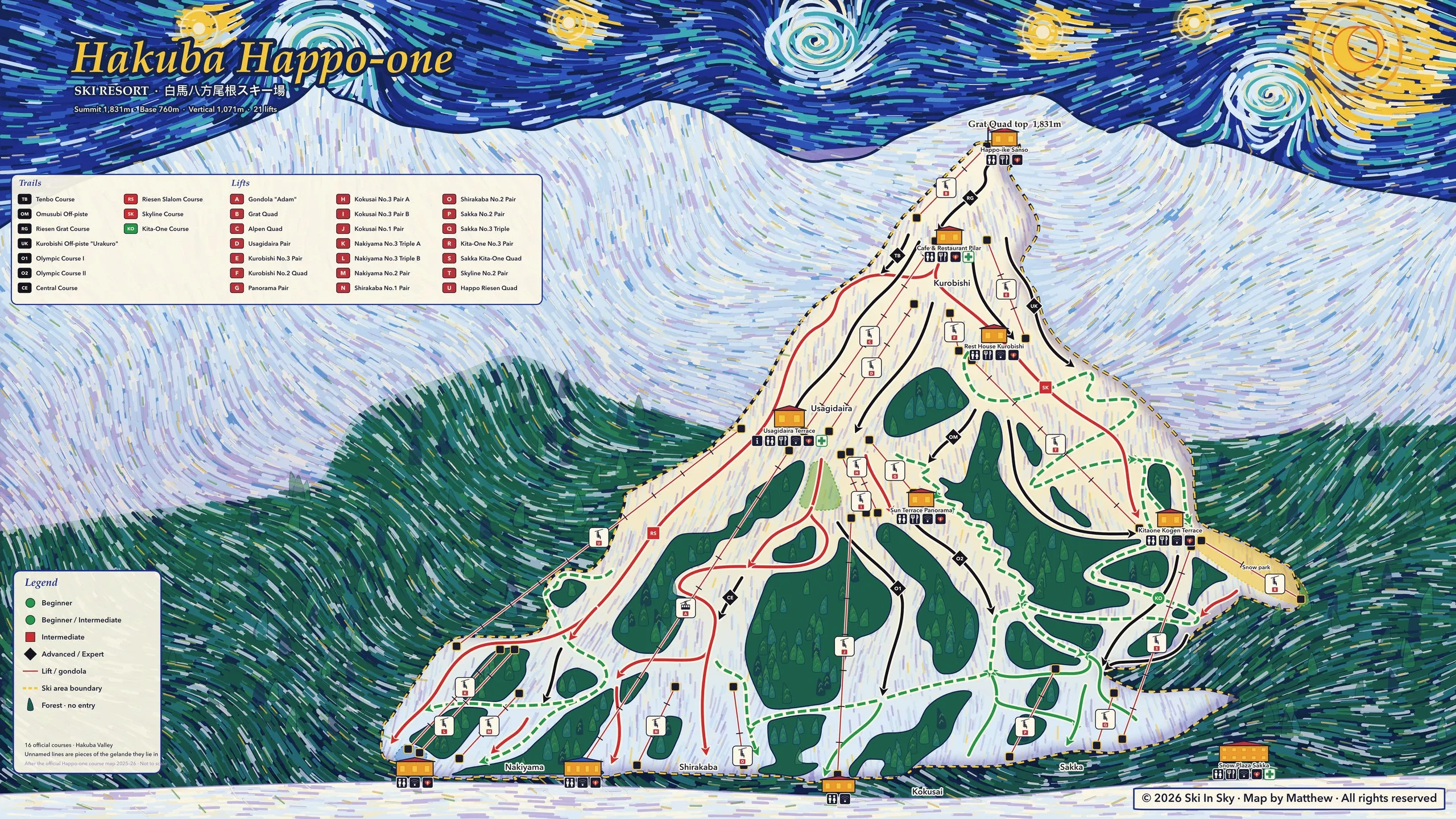 白馬八方尾根スキー場のゲレンデマップ（長野県）。Ski in Sky がゴッホ『星月夜』風に手描き