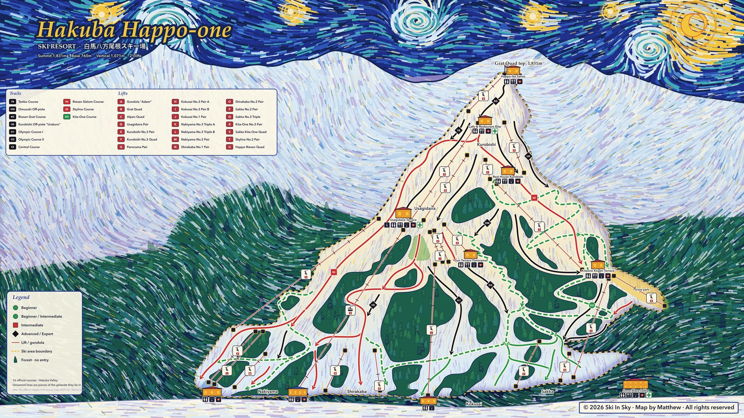 白马 · 八方尾根雪道图（日本长野县），Ski in Sky 以梵高《星月夜》风格手绘