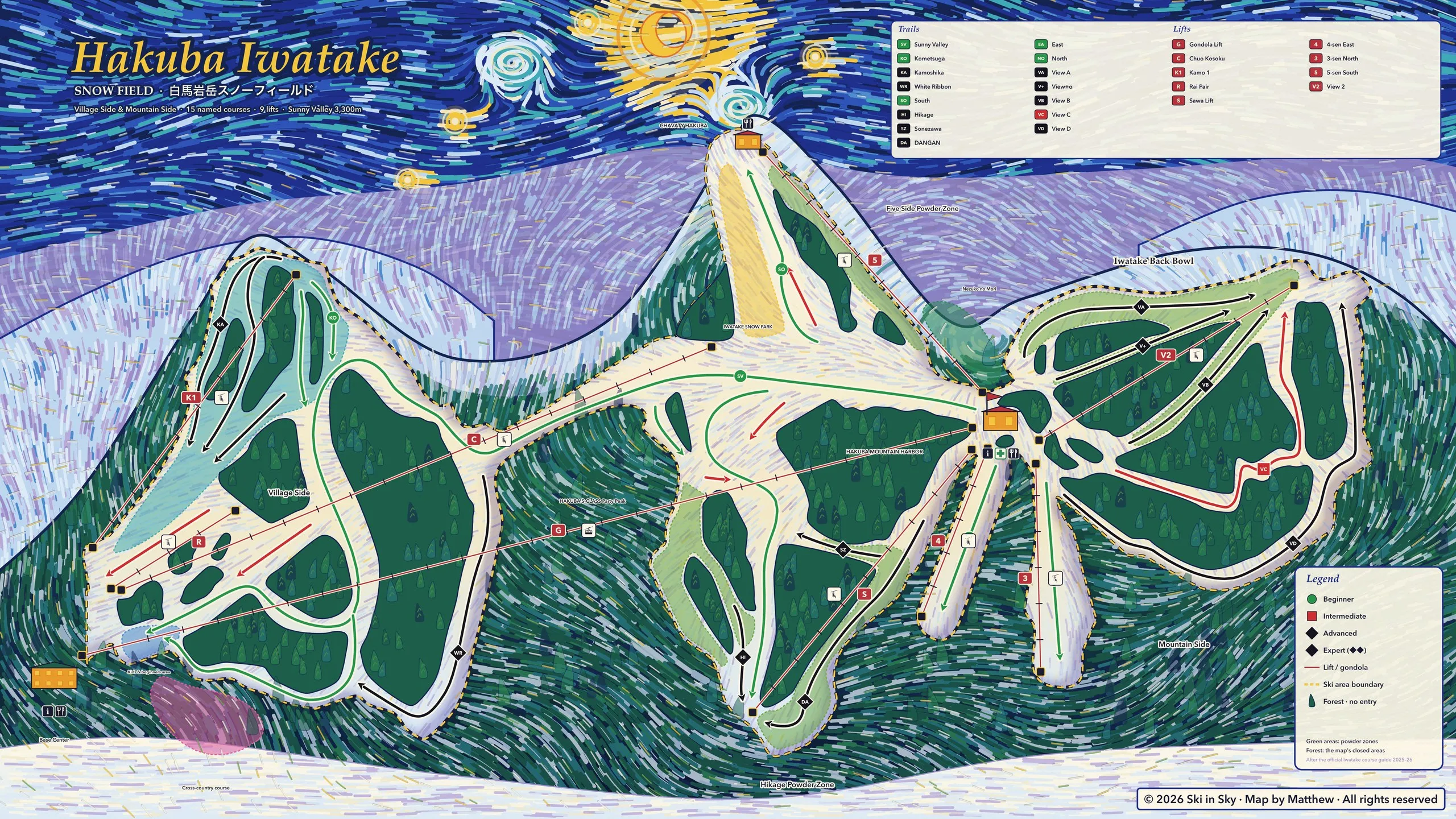 白馬岩岳スノーフィールドのゲレンデマップ（長野県）。Ski in Sky がゴッホ『星月夜』風に手描き