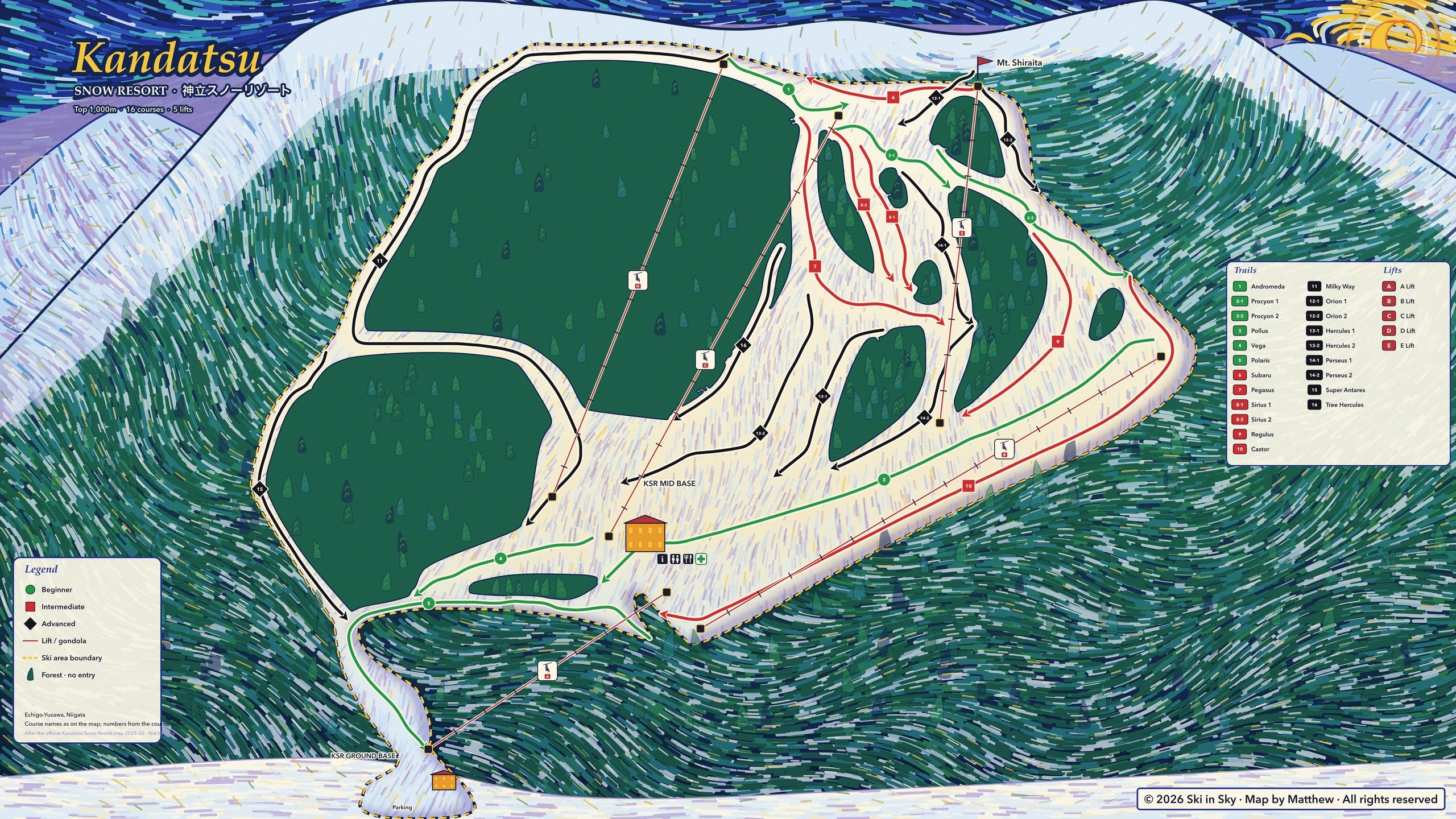 Kandatsu trail map (Niigata, Japan), hand-painted by Ski in Sky in the style of Van Gogh’s The Starry Night