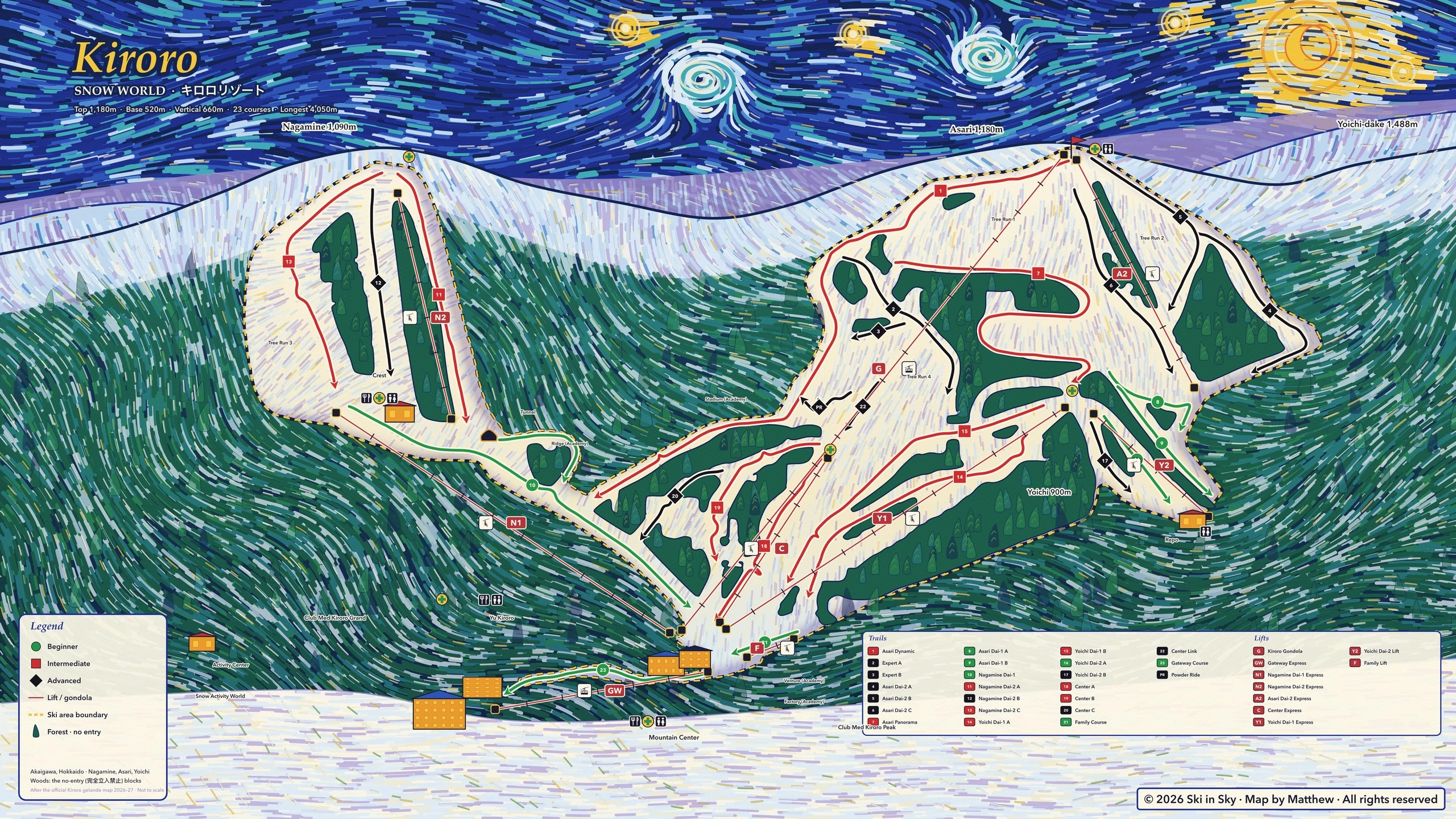 Kiroro trail map (Hokkaido, Japan), hand-painted by Ski in Sky in the style of Van Gogh’s The Starry Night