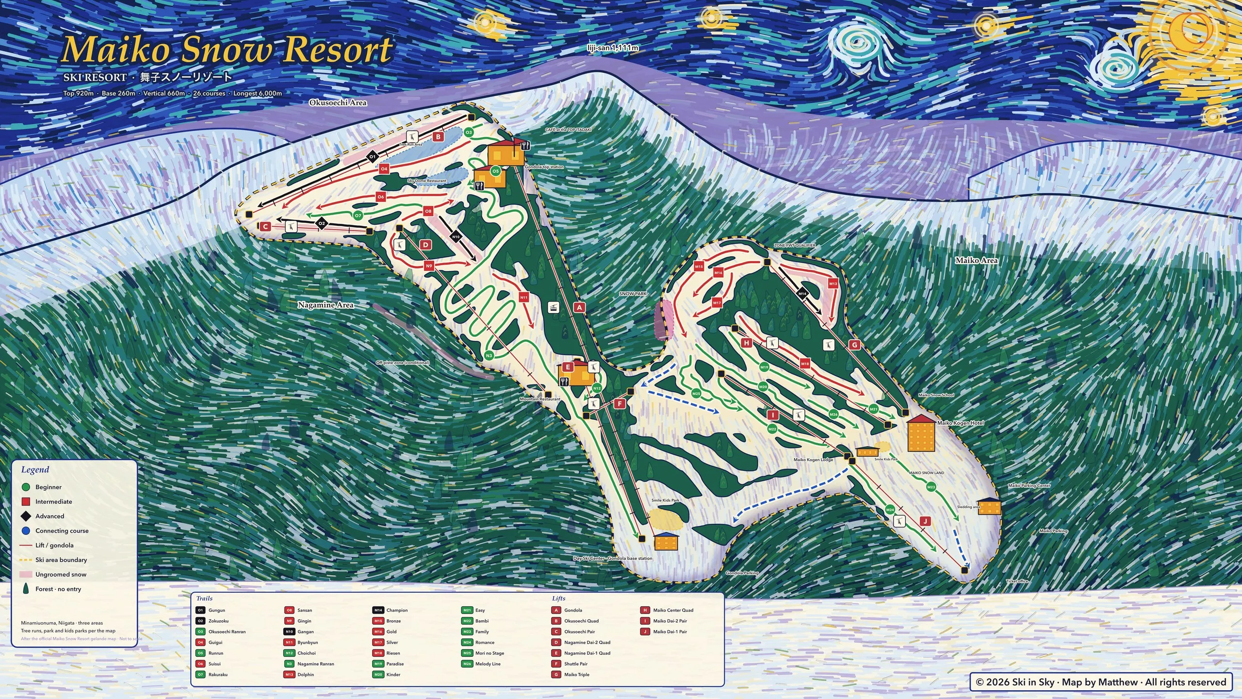 舞子スノーリゾートのゲレンデマップ（新潟県）。Ski in Sky がゴッホ『星月夜』風に手描き