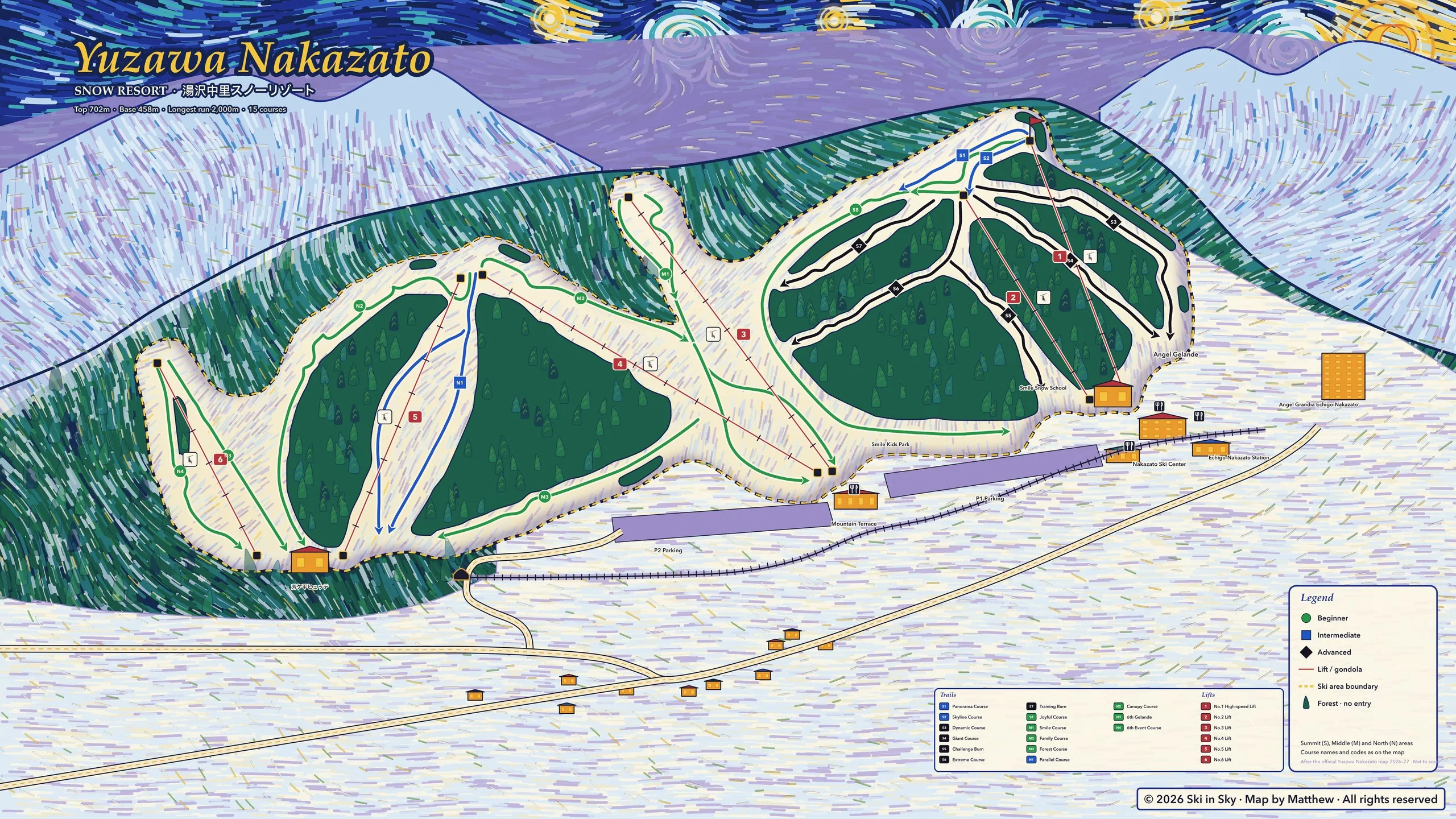 湯沢中里スノーリゾートのゲレンデマップ（新潟県）。Ski in Sky がゴッホ『星月夜』風に手描き