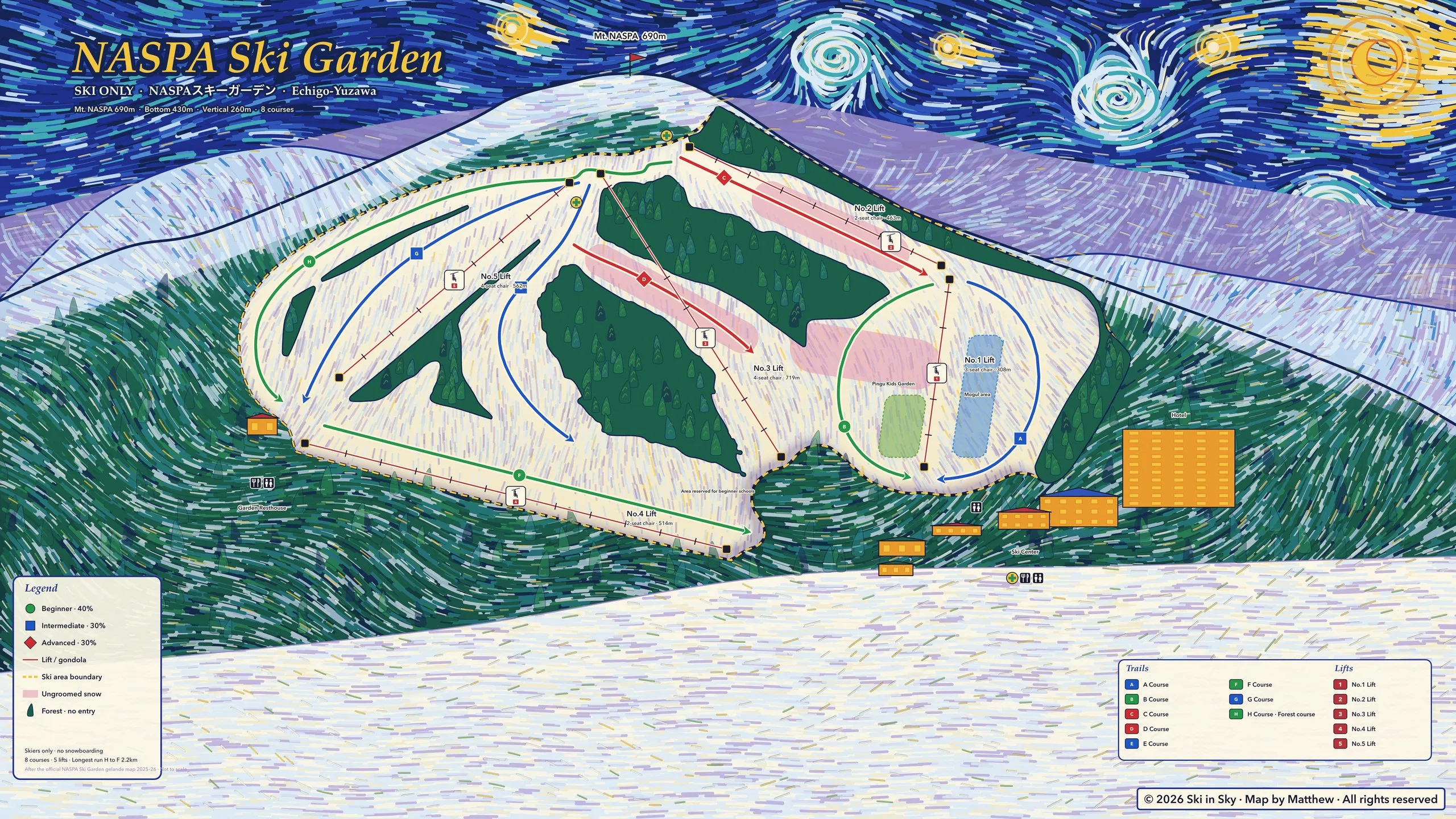NASPAスキーガーデンのゲレンデマップ（新潟県）。Ski in Sky がゴッホ『星月夜』風に手描き