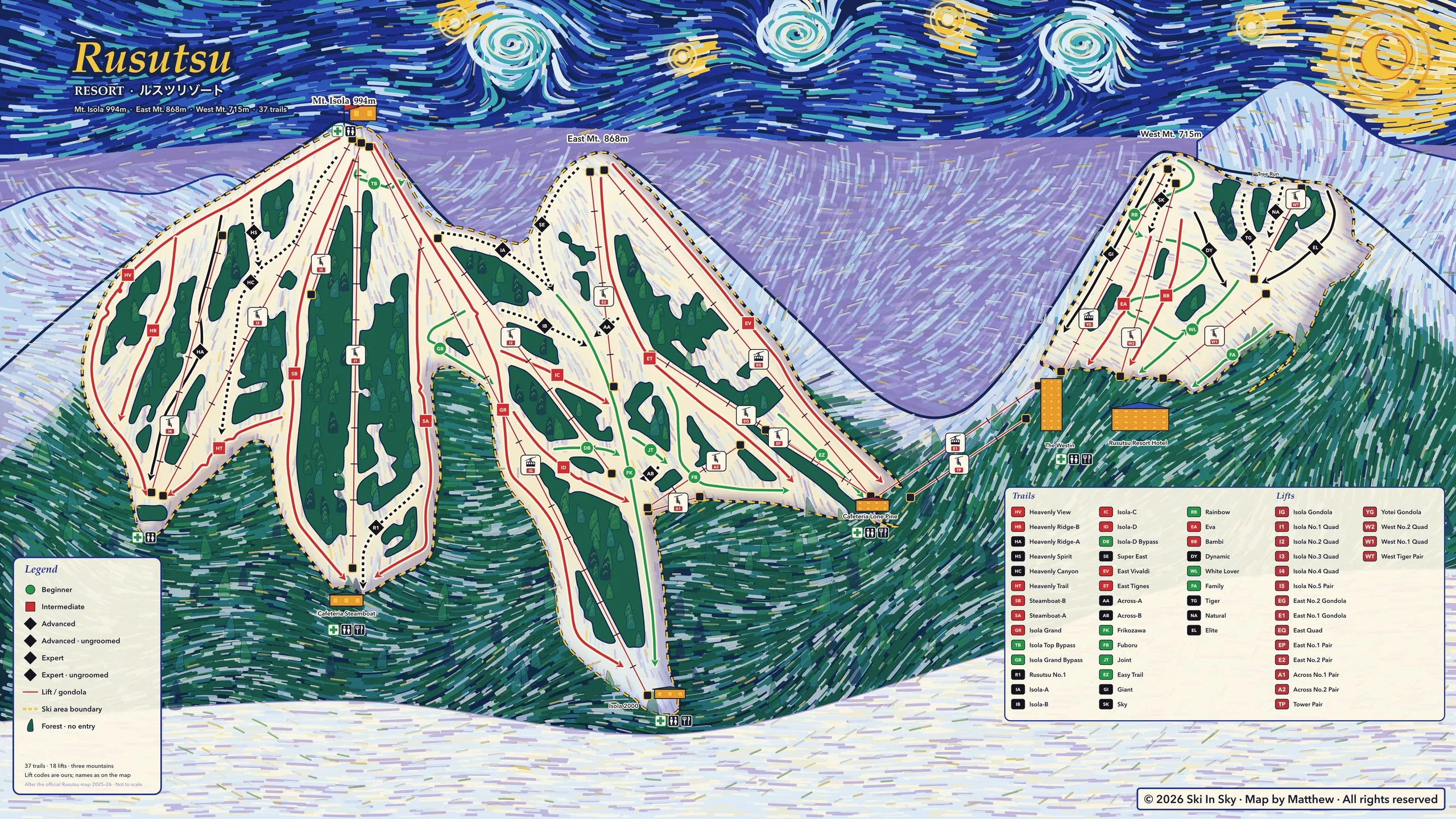 ルスツリゾートのゲレンデマップ（北海道）。Ski in Sky がゴッホ『星月夜』風に手描き
