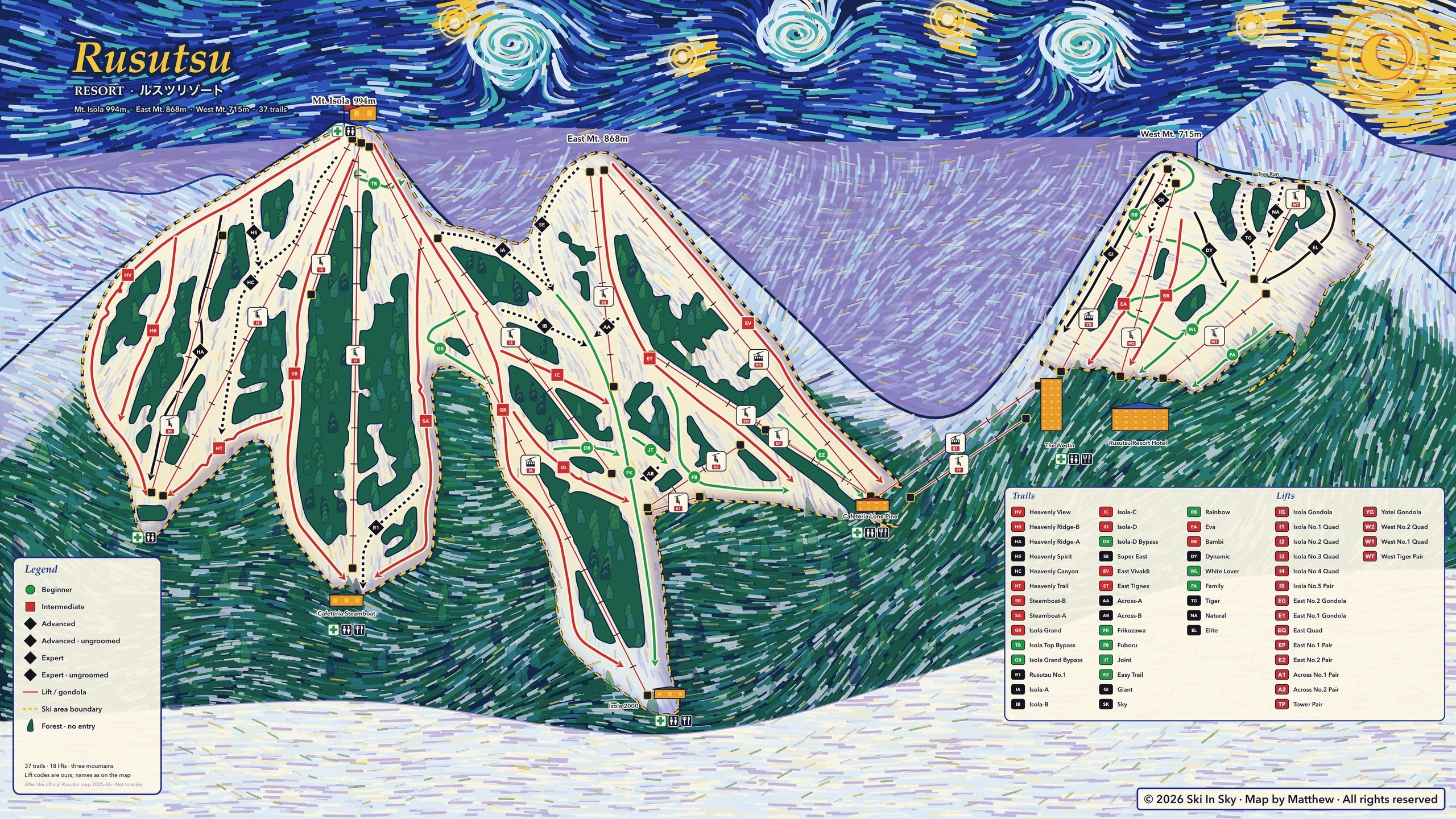 ルスツリゾートのゲレンデマップ（北海道）。Ski in Sky がゴッホ『星月夜』風に手描き