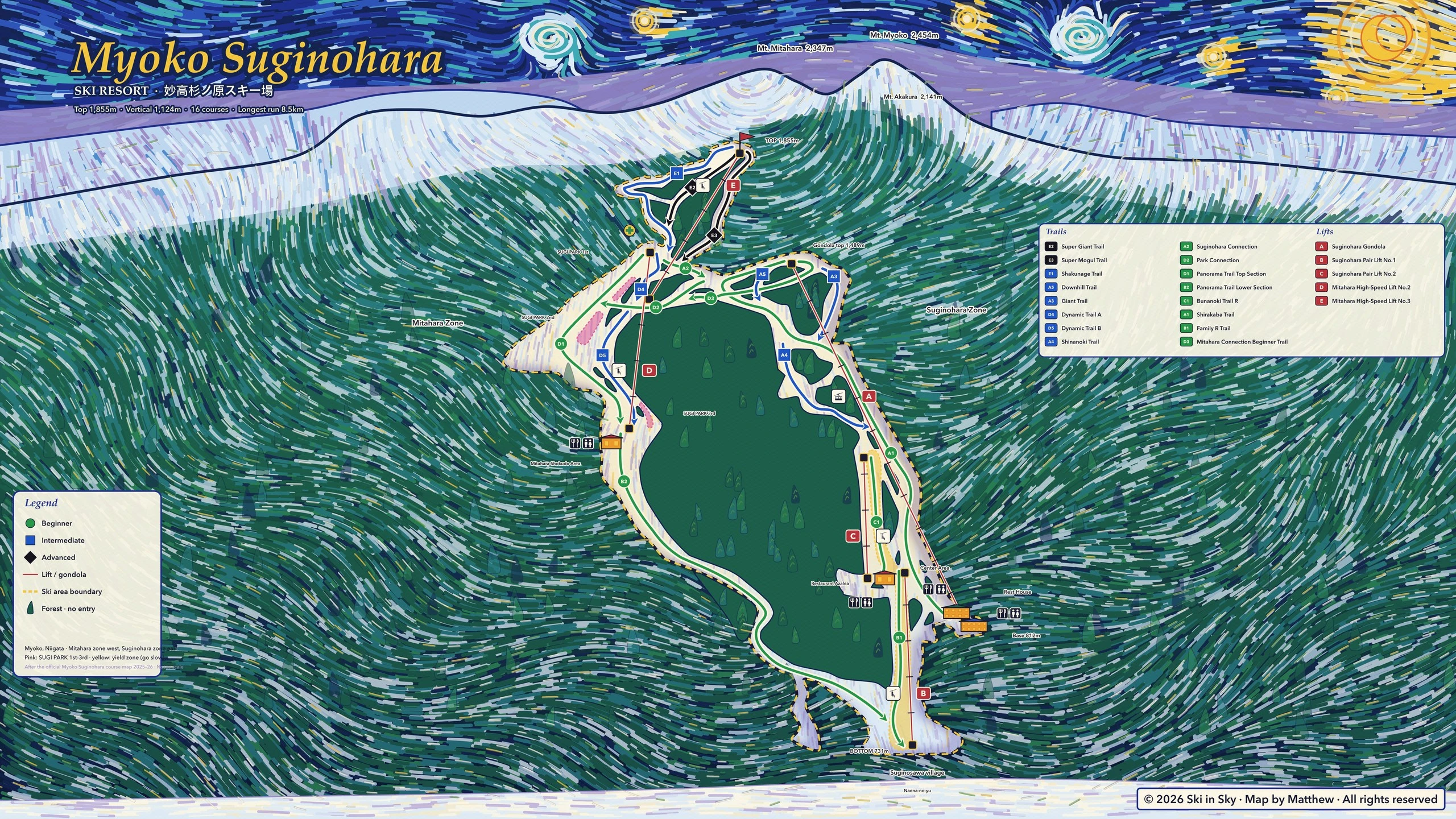 Myoko Suginohara trail map (Niigata, Japan), hand-painted by Ski in Sky in the style of Van Gogh’s The Starry Night