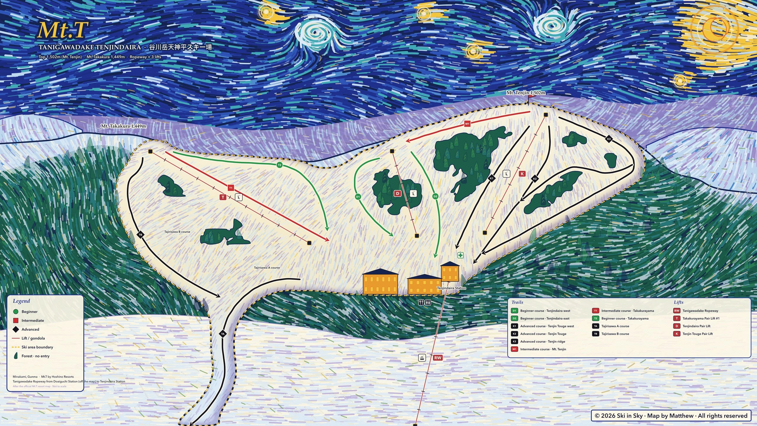 Mt.T Tanigawadake Tenjindaira trail map (Gunma, Japan), hand-painted by Ski in Sky in the style of Van Gogh’s The Starry Night