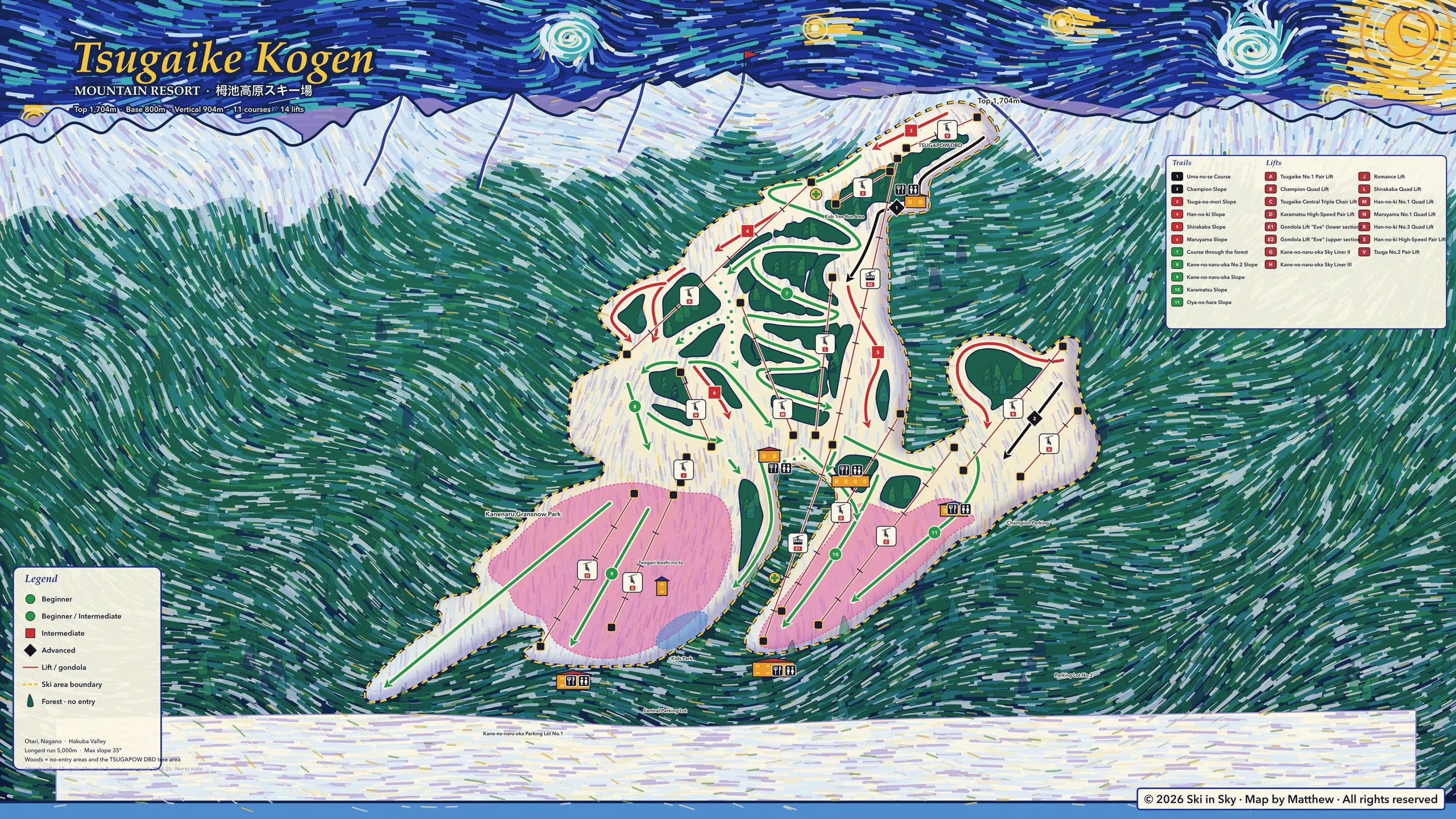 Tsugaike Kogen trail map (Nagano, Japan), hand-painted by Ski in Sky in the style of Van Gogh’s The Starry Night