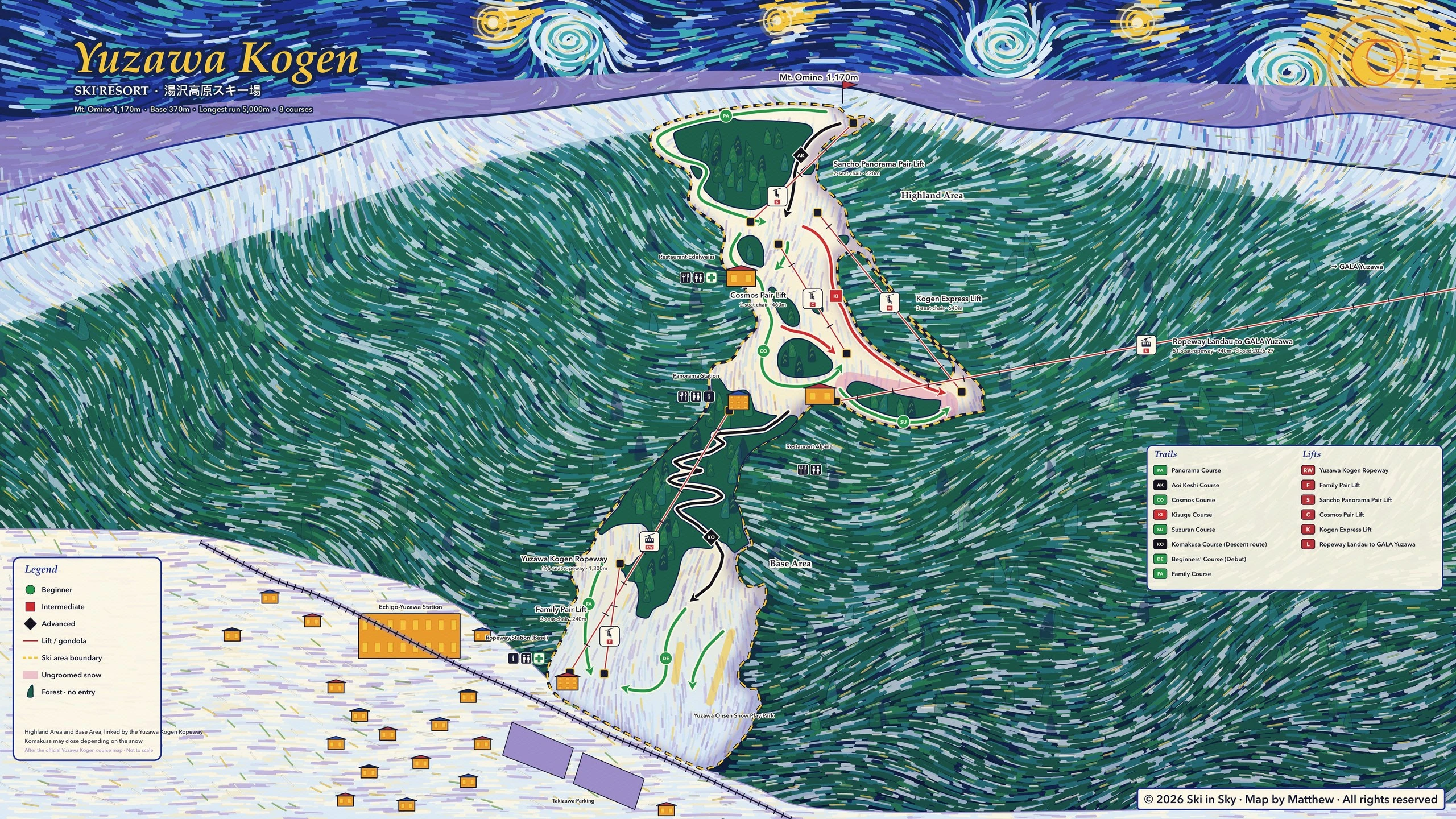 Yuzawa Kogen trail map (Niigata, Japan), hand-painted by Ski in Sky in the style of Van Gogh’s The Starry Night