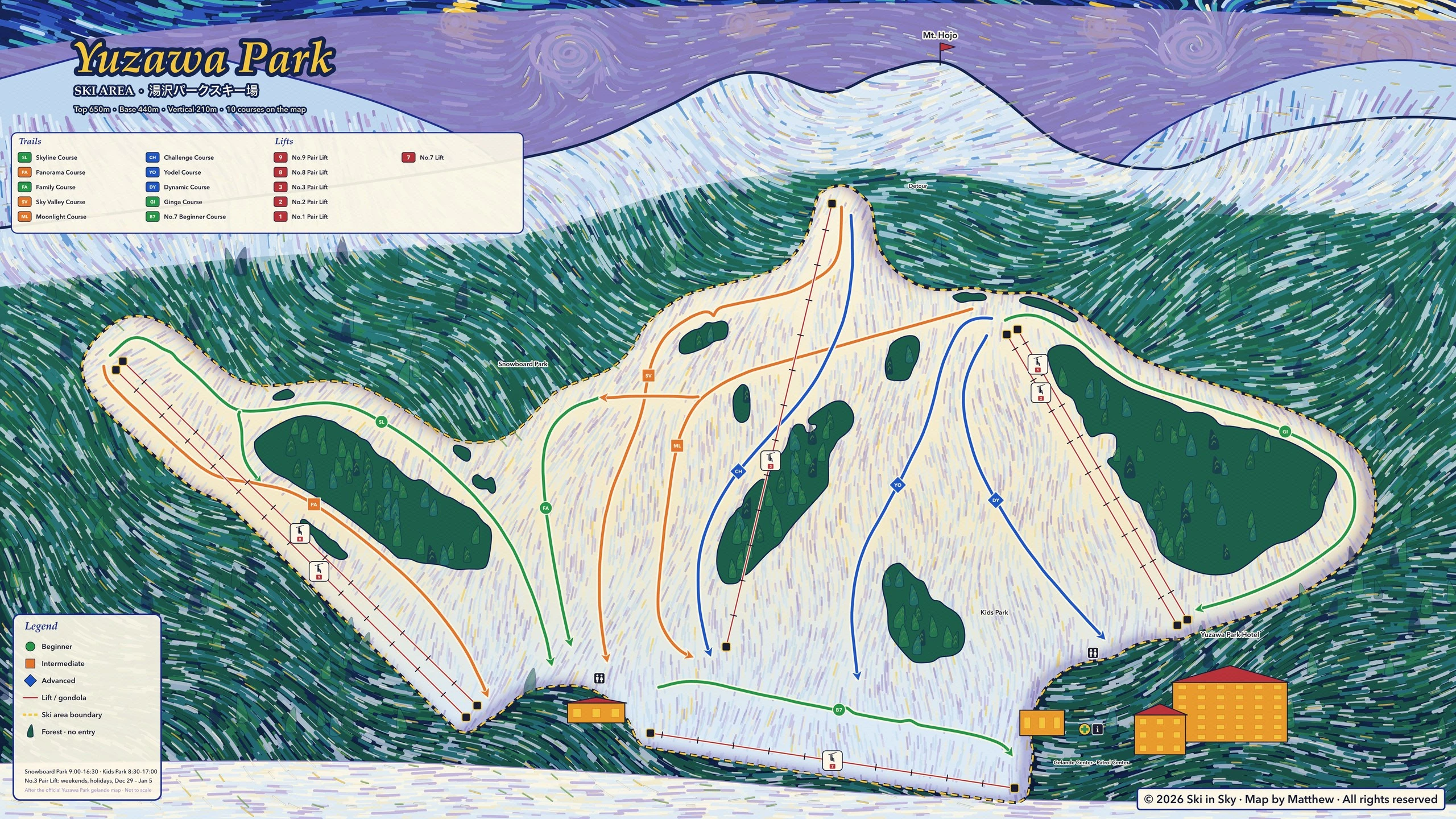 Yuzawa Park trail map (Niigata, Japan), hand-painted by Ski in Sky in the style of Van Gogh’s The Starry Night