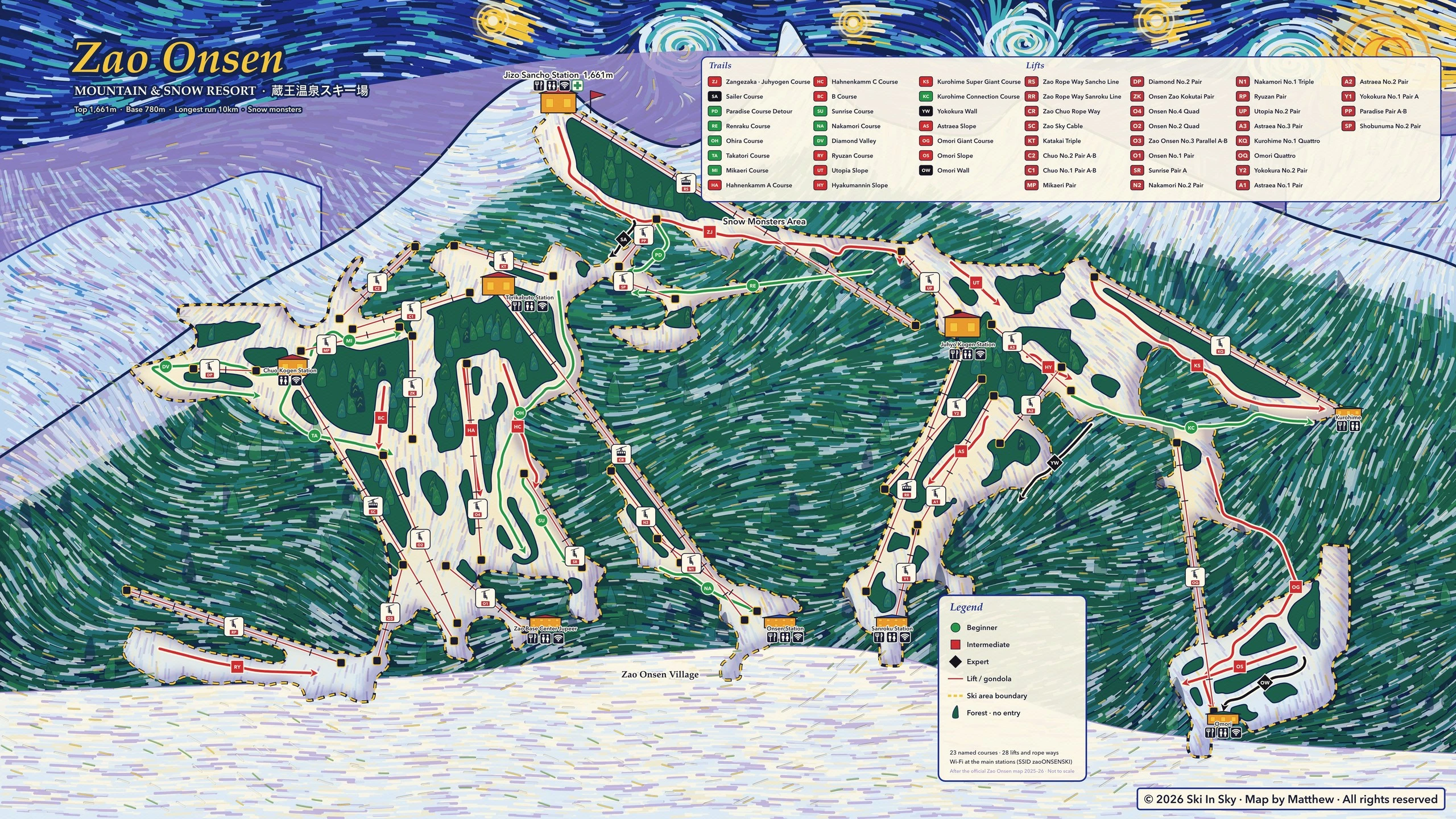 Zao Onsen trail map (Yamagata, Japan), hand-painted by Ski in Sky in the style of Van Gogh’s The Starry Night
